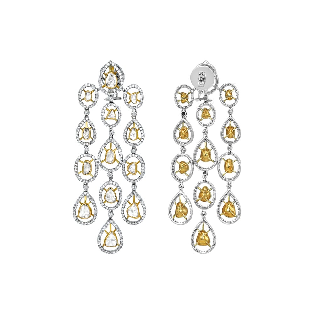 Chandelier Earrings with Pear-Shaped Polki and Diamond Halo